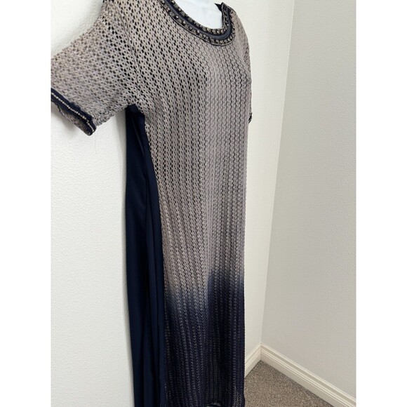 Joban Maxi Dress Bollywood Column Navy Blue Beaded Lightweight Mesh Overlay M - Picture 2 of 7